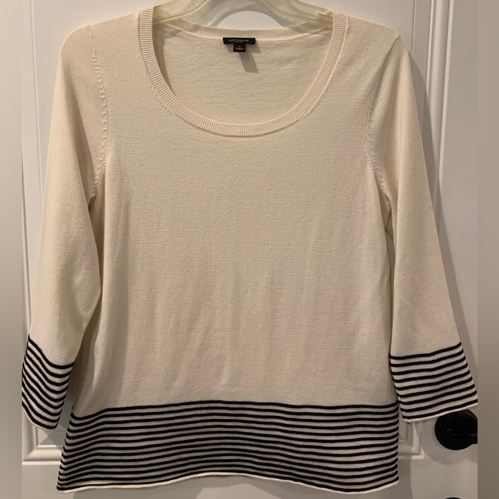 Ann Taylor Scoop Neck Cream Sweater with Raised Black Rope Stripes.